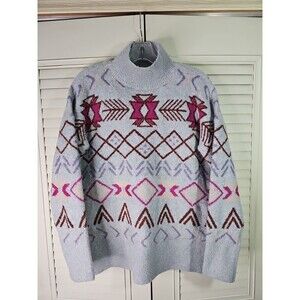 NWT Lou & Grey Aztec Southwest Geometric Mock Neck Sweater Gray Pink L Cozy Boho